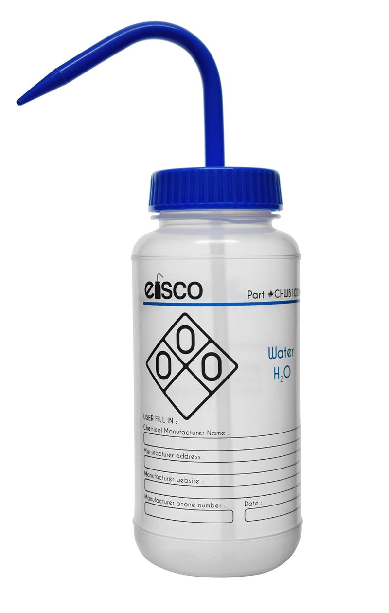 EISCO Wash Bottle for Water, 500ml - Labeled with Color Coded Chemical & Safety Information (2 Color) - Wide Mouth, Self Venting, Polypropylene - Performance Plastics Labs - Image 1